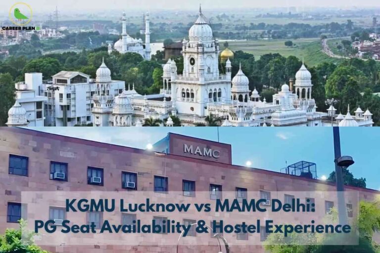 The image features a comparison between two top medical colleges: the upper half shows the ornate white domes of KGMU Lucknow set against a green landscape, while the lower half displays the modern façade of MAMC Delhi with the "MAMC" sign visible. Centered text reads: "KGMU Lucknow vs MAMC Delhi: PG Seat Availability & Hostel Experience." The Career Plan B logo is in the top left corner.