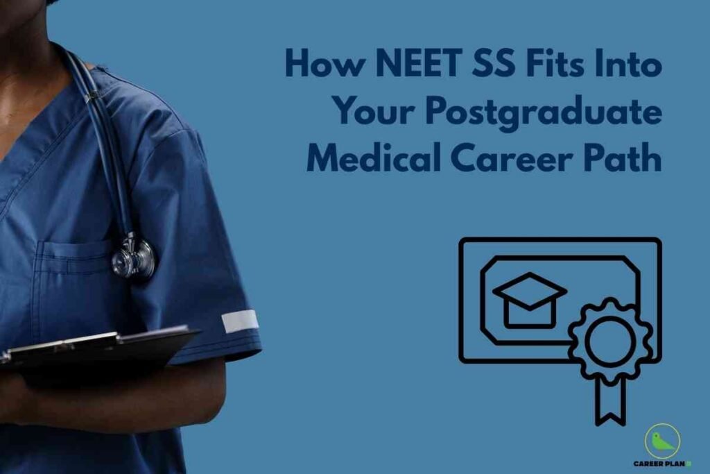 A clear medical career guidance image for NEET SS career path, featuring a doctor in blue scrubs with a stethoscope and clipboard on the left, set against a blue background, with bold text stating “How NEET SS Fits Into Your Postgraduate Medical Career Path” and an icon of a certificate with a graduation cap and ribbon, visually emphasizing the role of NEET SS in shaping specialized postgraduate medical education and careers.