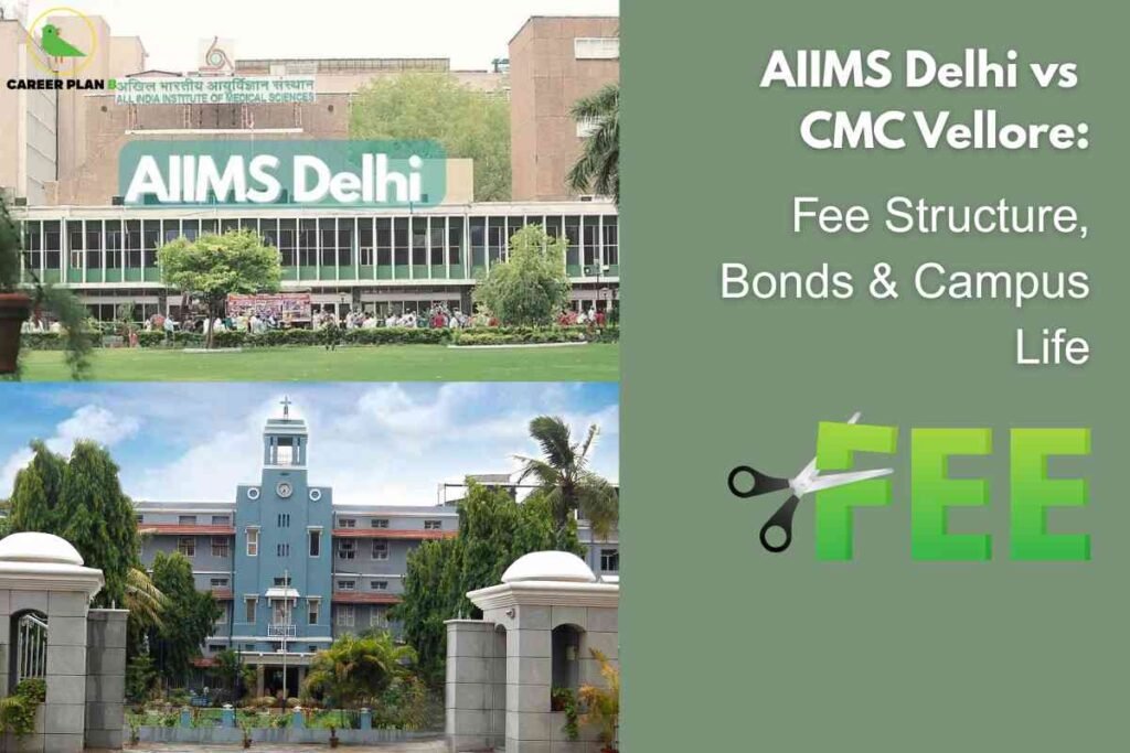 The image compares two premier medical colleges: the upper left shows the AIIMS Delhi campus with a green sign, manicured lawns, and people gathered at the entrance; the lower left features the iconic blue main building of CMC Vellore, flanked by palm trees and a grand entrance. The right side, on a green background, reads: "AIIMS Delhi vs CMC Vellore: Fee Structure, Bonds & Campus Life," with a graphic of scissors cutting the word "FEE." The Career Plan B logo is at the top left.