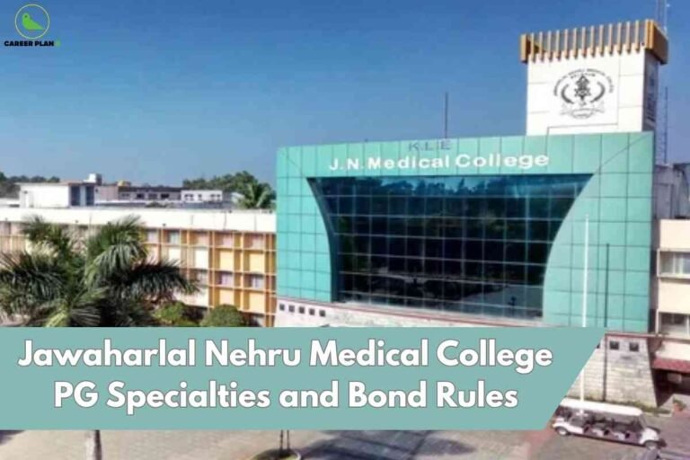 A clear campus and academic guide image for Jawaharlal Nehru Medical College PG specialties, featuring the striking turquoise-glass facade of J.N. Medical College with a white tower and visible campus landscape, alongside a soft blue banner stating “Jawaharlal Nehru Medical College PG Specialties and Bond Rules,” visually emphasizing essential details on available postgraduate medical specialties and institutional bond policies for prospective students.