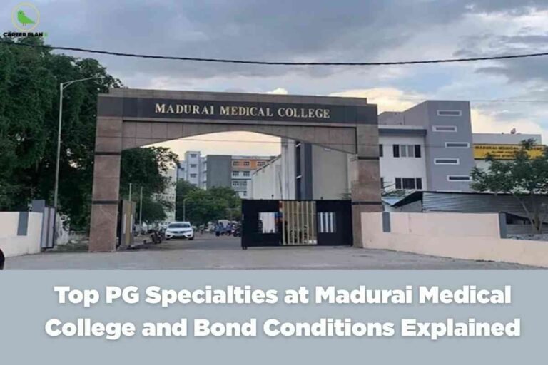 A clear campus and academic information image for Madurai Medical College PG specialties, featuring the grand entrance gate labeled “Madurai Medical College” with the campus and academic buildings in the background under a cloudy sky, and a bold blue-gray text banner reading “Top PG Specialties at Madurai Medical College and Bond Conditions Explained,” visually emphasizing the leading postgraduate medical branches and detailed bond requirements at the institution.