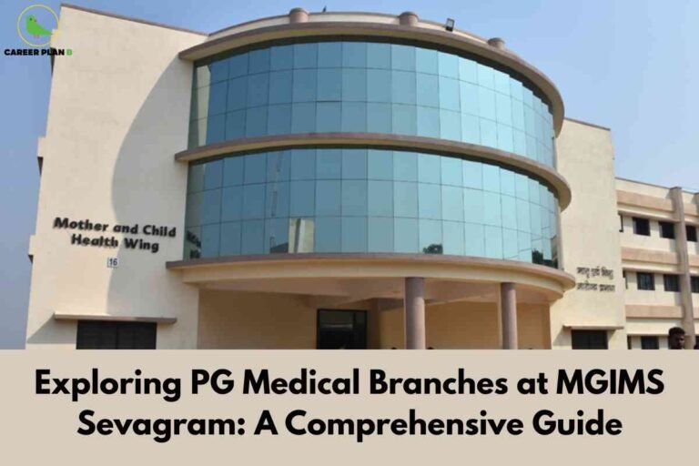 The image showcases the front view of the Mother and Child Health Wing building at MGIMS Sevagram, featuring a modern architectural style with large glass windows forming a curved facade. The building is surrounded by paved areas and minimal landscaping, and “Mother and Child Health Wing” is clearly labeled on the left side of the structure. In the top left corner, the "CAREER PLAN B" logo with a green bird is visible. The bottom section of the image presents a beige banner with bold black text: "Exploring PG Medical Branches at MGIMS Sevagram: A Comprehensive Guide," indicating the image’s focus on postgraduate medical education at this institute. The overall appearance communicates a sense of professionalism and specialized healthcare infrastructure.