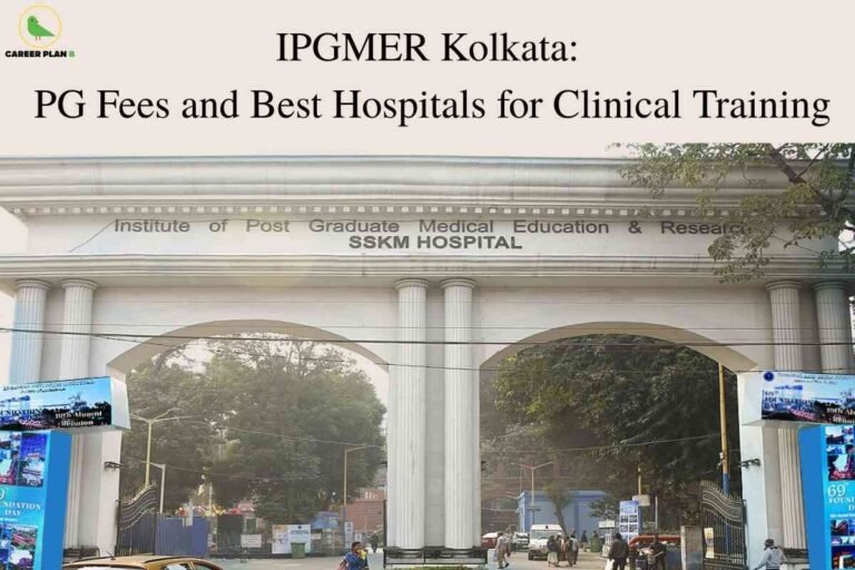 A clear institutional and informational image for IPGMER Kolkata PG fees, featuring the grand white-columned entrance to the Institute of Post Graduate Medical Education & Research (SSKM Hospital) with people and vehicles at the gate, and bold text stating “IPGMER Kolkata: PG Fees and Best Hospitals for Clinical Training,” visually emphasizing key details about postgraduate fee structure and premier clinical learning facilities at the institute.