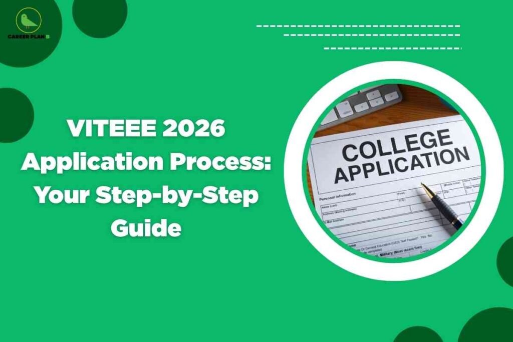 The image features a bright green background with several dark green circular accents. In the top left corner, there is a green bird icon with the text "CAREER PLAN" in black. The main headline, in large white bold text, reads: "VITEEE 2026 Application Process: Your Step-by-Step Guide." On the right side, inside a large white and teal circular border, is a close-up photo of a college application form on a desk. The form has "COLLEGE APPLICATION" written prominently at the top, with a pen lying diagonally across the form and the edge of a computer keyboard visible behind it. The overall design is clean and modern, emphasizing the guidance theme for the VITEEE 2026 application process.