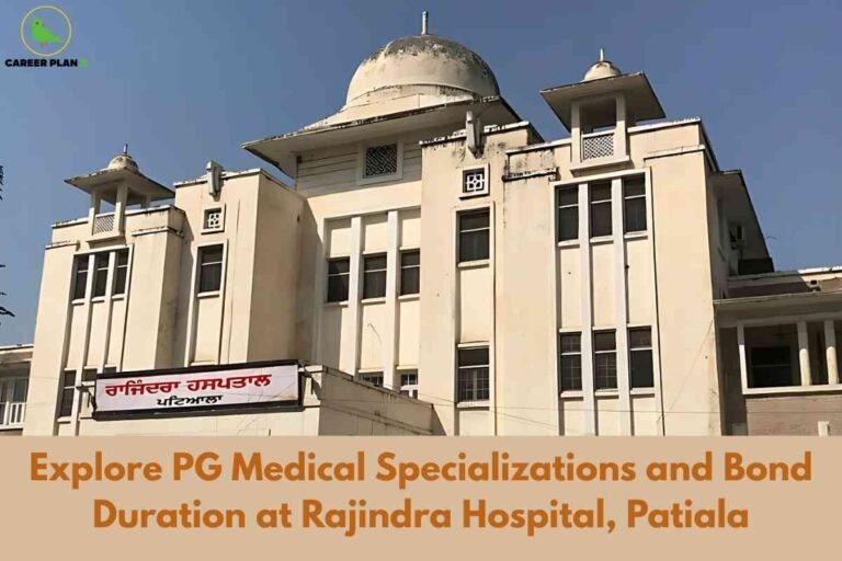 The image shows a prominent view of Rajindra Hospital in Patiala, a cream-colored building with classic dome-shaped structures and rectangular windows set against a clear blue sky. Visible on the left is a sign in Punjabi script indicating the hospital’s name and location. The top left corner features the "CAREER PLAN B" logo with a green bird. Along the bottom, a light brown banner contains bold brown text reading: "Explore PG Medical Specializations and Bond Duration at Rajindra Hospital, Patiala," highlighting the focus on postgraduate medical courses and bond duration at this institution. The overall design conveys a sense of heritage and importance in medical education.