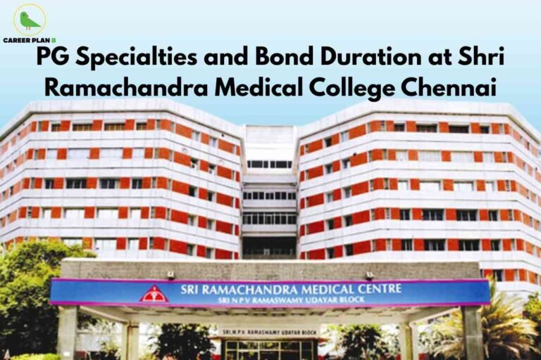 The image depicts the front view of the modern multi-storey building of Sri Ramachandra Medical Centre in Chennai, characterized by alternating white and red horizontal stripes across its facade. The entrance has a blue name board that reads "SRI RAMACHANDRA MEDICAL CENTRE" with "SRI N P V RAMASWAMY UDAYAR BLOCK" mentioned below, and is flanked by greenery on both sides. The top left corner shows the "CAREER PLAN B" logo with a green bird. At the top of the image, large black text reads: "PG Specialties and Bond Duration at Shri Ramachandra Medical College Chennai," highlighting the focus on postgraduate medical education and bond duration at this institution. The overall presentation emphasizes clarity, professionalism, and institutional prominence.
