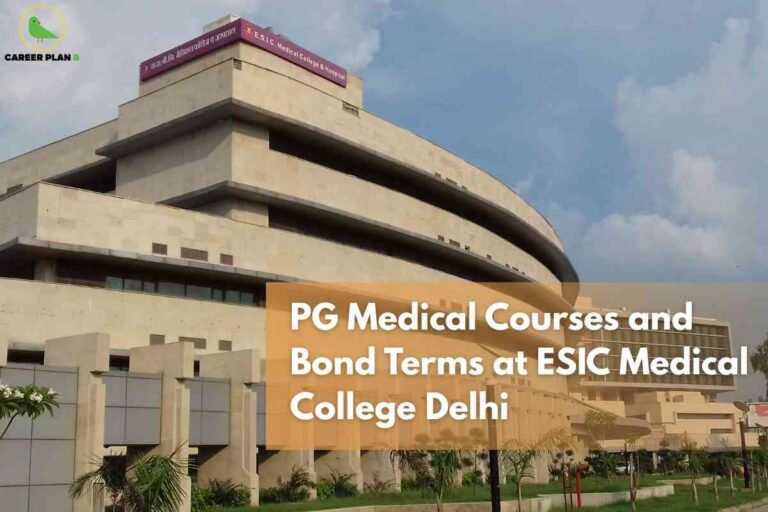 The image features a modern, multi-storey structure of ESIC Medical College and Hospital, Delhi, built in a curved architectural style with beige stone and horizontal window slits. The hospital’s name is displayed in white on a maroon banner at the top of the building. In the foreground, there is landscaped greenery including palm trees and plants. The top left corner displays the "CAREER PLAN B" logo with a green bird. Overlaid centrally is a semi-transparent orange banner with bold white text: "PG Medical Courses and Bond Terms at ESIC Medical College Delhi." The overall design emphasizes information about postgraduate medical training and bond terms at this institution, with a clean and professional look.