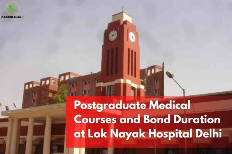 The image features Lok Nayak Hospital in Delhi, with a striking red-brick facade and a clock tower rising centrally above the main entrance. The building’s design includes white horizontal bands and grid-like windows, flanked by columns at the entrance. The "CAREER PLAN B" logo, showing a green bird, is in the top left corner. At the bottom, a bold red labeled banner with prominent white text reads: "Postgraduate Medical Courses and Bond Duration at Lok Nayak Hospital Delhi," conveying key information about medical PG studies and service bonds at this hospital. The overall look is professional and highlights the institution’s architectural distinctiveness and educational focus.