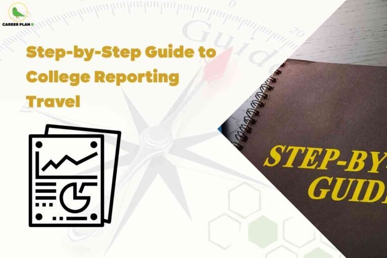 An instructional graphic designed to provide a step-by-step guide for college reporting travel. The background features a faint image of a compass, suggesting guidance and direction, with the word “Guide” partially visible and a red compass needle pointing upward. In the upper left corner, there is a green bird logo with the text "CAREER PLAN B" beneath it. Bold mustard yellow text in the center-left reads: "Step-by-Step Guide to College Reporting Travel." In the bottom left, there is a large black icon depicting two sheets of paper with graphical elements including a line chart and a pie chart, representing data or planning. On the right side, overlapping the compass, is a partial photo of a brown spiral-bound notebook placed on a table, with "STEP-BY-STEP GUIDE" printed in large yellow letters on its cover. The tone of the graphic is informative and organized, combining visuals of data, a guidebook, and navigation tools to emphasize a comprehensive travel and reporting process for college students.
