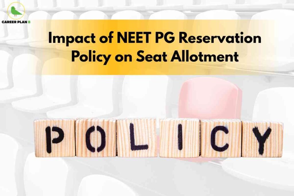 The image displays a background of white auditorium seats, with one distinct pink seat standing out among them. At the top left, the "CAREER PLAN B" logo with a green bird is visible. The main heading, emblazoned across a yellow banner, reads: "Impact of NEET PG Reservation Policy on Seat Allotment" in bold black font. At the bottom, wooden blocks arranged in a row spell out "POLICY" in large black letters, symbolizing regulation and governance. The visual theme emphasizes policy impact, reservation, and medical seat distribution in the context of postgraduate admissions.