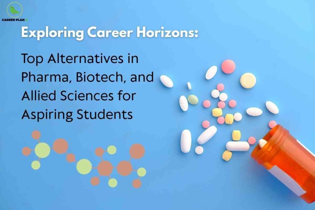 A visually engaging image with a light blue background features various colorful pills—white, yellow, pink, and green—scattered from an orange pill bottle tipped on its side, suggesting a pharmaceutical or medical theme. On the left, the top displays a green circular "CAREER PLAN B" logo with a bird silhouette. Prominently, bold white text at the top reads: “Exploring Career Horizons:” followed by black text below that states: “Top Alternatives in Pharma, Biotech, and Allied Sciences for Aspiring Students.” Decorative molecular structure graphics in green and orange appear near the lower left, reinforcing the scientific theme. The image conveys guidance for students exploring alternative careers in pharmaceutical sciences, biotechnology, and related fields.