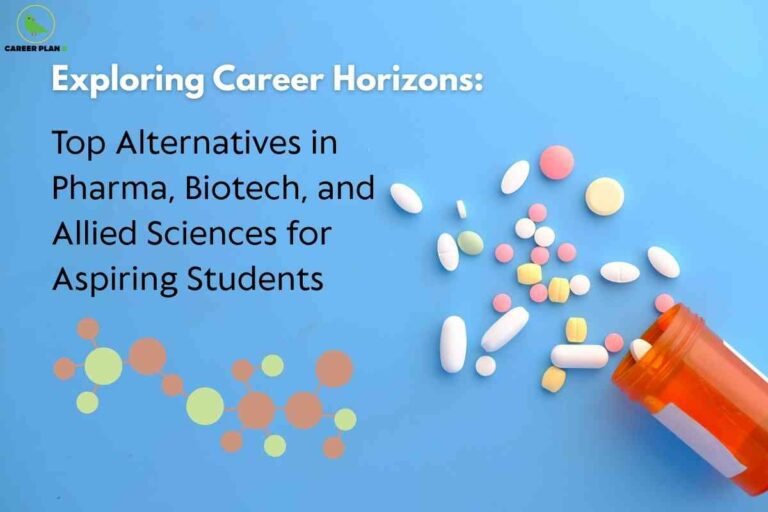 A visually engaging image with a light blue background features various colorful pills—white, yellow, pink, and green—scattered from an orange pill bottle tipped on its side, suggesting a pharmaceutical or medical theme. On the left, the top displays a green circular "CAREER PLAN B" logo with a bird silhouette. Prominently, bold white text at the top reads: “Exploring Career Horizons:” followed by black text below that states: “Top Alternatives in Pharma, Biotech, and Allied Sciences for Aspiring Students.” Decorative molecular structure graphics in green and orange appear near the lower left, reinforcing the scientific theme. The image conveys guidance for students exploring alternative careers in pharmaceutical sciences, biotechnology, and related fields.