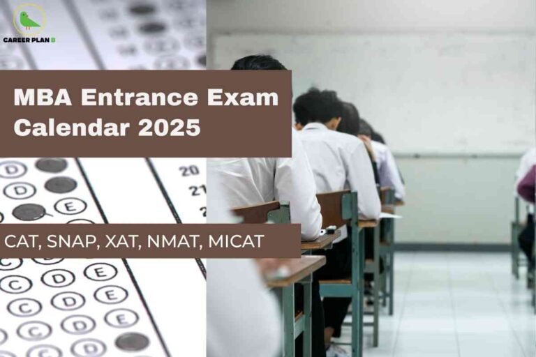 The image is split into two main sections. On the left side, there is a close-up view of an optical mark recognition (OMR) answer sheet, commonly used in standardized tests. The bubble options display choices labeled as A, B, C, D, and E. On the right side, there is a classroom scene with several students seated at individual green desks, all facing forward and appearing to take an exam. The room has white walls and a whiteboard at the front. Overlaying these images, centrally and horizontally, are two prominent brown rectangles containing white text. The larger text at the top reads "MBA Entrance Exam Calendar 2025." Below it, in a smaller rectangle, it says "CAT, SNAP, XAT, NMAT, MICAT." In the top-left corner, there is a small logo with a green bird and the text "CAREER PLAN B."