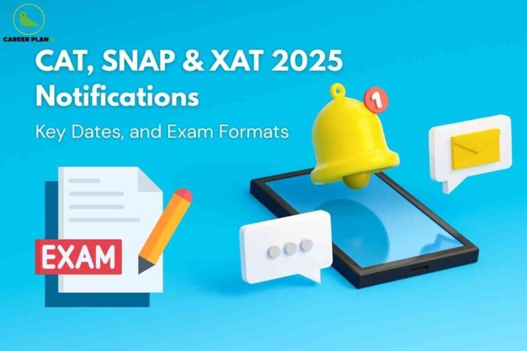 The image has a bright blue background with various 3D illustrations representing digital notifications and exams. On the top left corner is a logo of a green bird with "CAREER PLAN B" below it. Large white text in the center reads "CAT, SNAP & XAT 2025 Notifications." Beneath this, smaller white text says "Key Dates, and Exam Formats." To the right is a 3D yellow bell with a red notification badge showing the number 1, floating above a flat smartphone illustration. Around these are a white speech bubble, a white message icon with a yellow envelope, and a graphic of a document with a pencil over it, labeled "EXAM." The layout visually suggests information and updates about MBA entrance exams for 2025, highlighting alerts and key content.