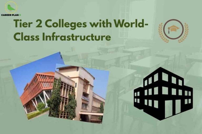 The image has a soft green background with a faint overlay of classroom desks and chairs. In the top left corner, there is a logo of a bird and the text "CAREER PLAN B." At the top center, bold green text reads "Tier 2 Colleges with World-Class Infrastructure." Towards the right side, there is an icon of a graduation cap surrounded by laurels. Two photographs of college buildings are displayed at an angle on the left side, showing modern infrastructure with greenery. In the bottom right corner, there is a large black silhouette of a multi-story building, further emphasizing the theme of institutional infrastructure.