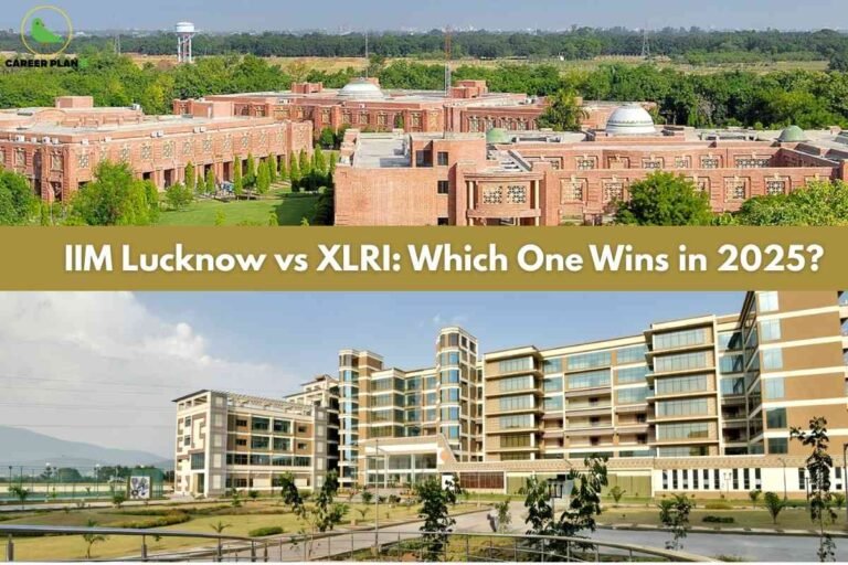 The image is split horizontally into two sections, separated by a golden band in the center. The top half features an aerial view of the IIM Lucknow campus, showing sprawling red-brick buildings surrounded by lush green trees and lawns. The bottom half presents a wide-angle shot of the XLRI campus, with modern cream and glass buildings in the foreground and landscaped gardens. Across the golden divider in bold white text is written: "IIM Lucknow vs XLRI: Which One Wins in 2025?" In the upper left corner of the image, the "CAREER PLAN B" logo with a bird icon is visible. The overall composition highlights a comparison between two premier Indian management institutes.