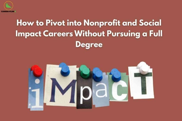 A career guidance image with a muted reddish-brown background features the "CAREER PLAN B" logo—a green bird inside a circle—in the top left. Centered at the top is bold white text: “How to Pivot into Nonprofit and Social Impact Careers Without Pursuing a Full Degree.” At the bottom, the word “impact” is spelled out using individual cutout letters from magazines or newspapers, each in different colors and fonts, and attached with colorful round push pins (red, blue, green, white) giving a creative, collage-like appearance. The image suggests options for transitioning into impactful nonprofit or social sector careers through alternate pathways rather than traditional degree programs.