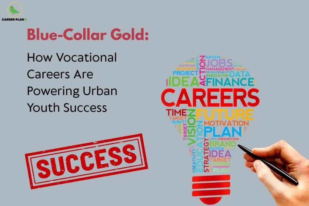 A motivational career graphic with a light grey background features the "CAREER PLAN B" green bird logo in the top left. The prominent header combines red and black text: “Blue-Collar Gold:” in bold red, followed by “How Vocational Careers Are Powering Urban Youth Success” in black. On the right, a large light bulb illustration is filled with colorful keywords such as “CAREERS,” “FUTURE,” “FINANCE,” “VISION,” “PLAN,” and “SUCCESS,” representing various aspects of professional growth. A human hand holding a pen appears to be drawing or pointing at the bulb. At the bottom left, a bold red stamp with white background reads “SUCCESS,” symbolizing achievement in vocational careers. The image emphasizes the value of skilled trades and vocational pathways for urban youth development.