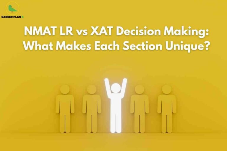 The image shows a wooden desk surface with large silver letters spelling "MANAGEMENT" standing upright in the center. Above the desk, a red speech bubble contains bold white text: "Who Should and Should Not Pursue a PGDM? Candid Guide." The background appears to be a softly blurred indoor setting with orange accents, papers, and office supplies. In the top right corner, there is the "CAREER PLAN B" logo featuring a bird icon and black and green text. The design conveys guidance related to pursuing a PGDM (Post Graduate Diploma in Management) program.