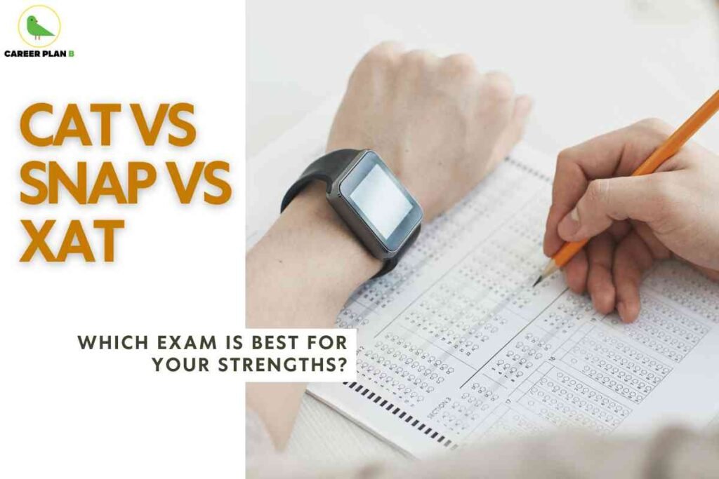 The left side of the image has a white background with the "CAREER PLAN B" logo and a green bird in the top left corner. In large bold orange letters, the text reads: "CAT VS SNAP VS XAT." Below this, in smaller bold black text, it asks: "WHICH EXAM IS BEST FOR YOUR STRENGTHS?" On the right half of the image, a close-up photo shows a person holding a pencil and filling answers on a bubble sheet, while another hand wearing a black smartwatch rests beside the answer sheet. The overall design visually presents a comparison between the CAT, SNAP, and XAT exams, focusing on helping candidates assess which test matches their strengths.