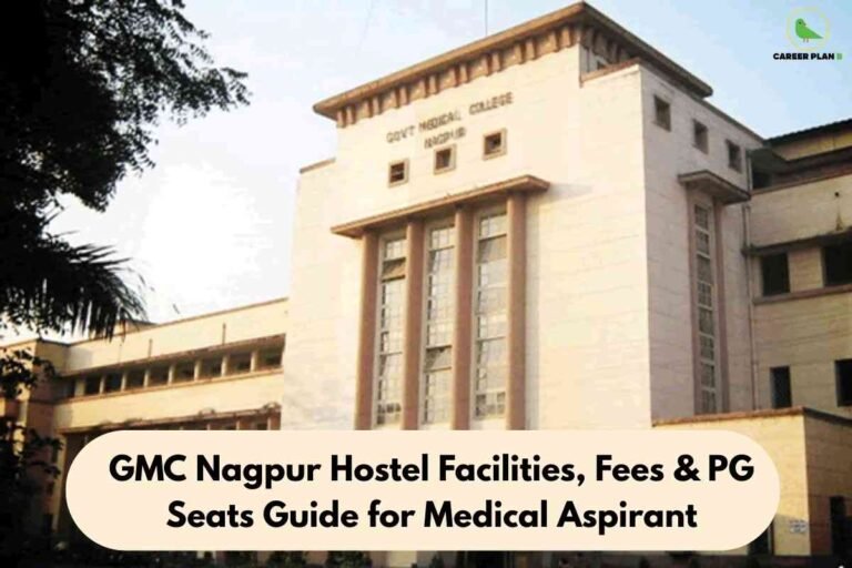 A clear campus information image for GMC Nagpur hostel fees and PG seats, featuring the impressive facade of Government Medical College, Nagpur in natural daylight, framed by greenery, with a prominent beige text box stating “GMC Nagpur Hostel Facilities, Fees & PG Seats Guide for Medical Aspirant,” visually highlighting details about hostel amenities, fee structure, and postgraduate seat availability for prospective medical students.