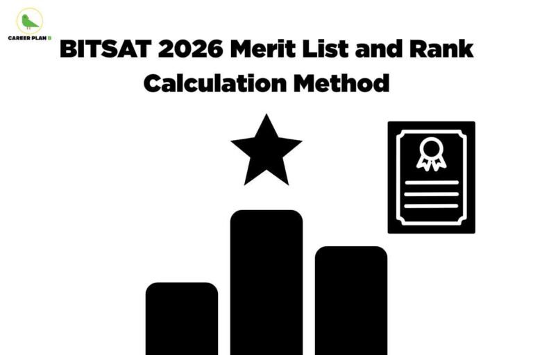 The image has a white background. At the top left, the "CAREER PLAN B" logo with a green bird icon is present. In bold black font, the heading reads: "BITSAT 2026 Merit List and Rank Calculation Method." Below the heading, a large black silhouette illustration of a three-bar podium appears in the center, with a star icon just above the highest bar. To the right of the podium, there is an icon of a certificate or award ribbon. The design visually represents ranking, achievement, and certification associated with BITSAT 2026 results.