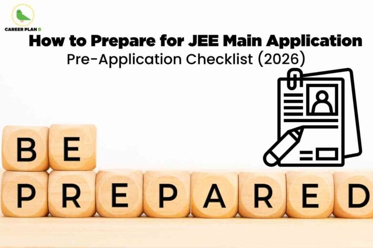 A preparation-focused application guide image for JEE Main 2026, featuring wooden blocks spelling out “BE PREPARED” and a large black line icon of an application form with a pencil, alongside bold text stating “How to Prepare for JEE Main Application: Pre-Application Checklist (2026),” visually emphasizing readiness, essential documentation, and important steps for students before starting the JEE Main 2026 application process.
