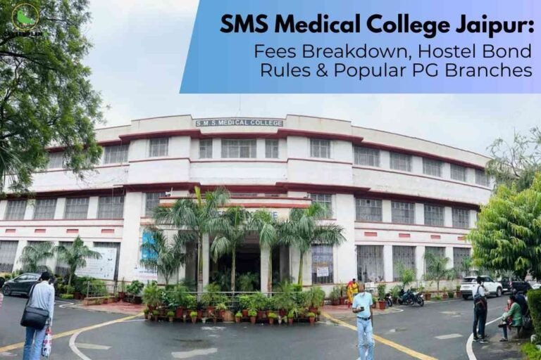 A clear campus information image for SMS Medical College Jaipur PG fees, featuring the prominent white and red building of S.M.S. Medical College with lush green plants and students in the foreground, and a blue information banner reading “SMS Medical College Jaipur: Fees Breakdown, Hostel Bond Rules & Popular PG Branches,” visually emphasizing comprehensive details about postgraduate fees, hostel bond policies, and popular medical specializations at the institute.