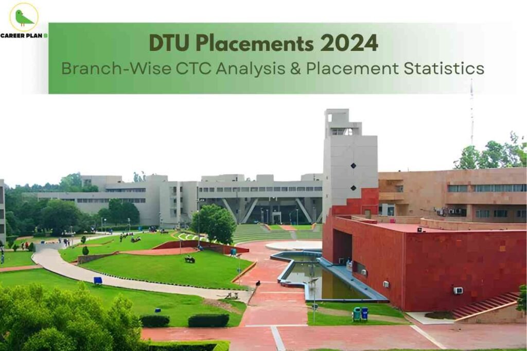 A panoramic view of Delhi Technological University (DTU) campus features modern red and beige academic buildings, green lawns, and winding footpaths, symbolizing a vibrant learning environment. At the top, a light green banner displays bold black text: "DTU Placements 2024 Branch-Wise CTC Analysis & Placement Statistics," highlighting comprehensive insights into salary trends and job outcomes by engineering branch. The Career Plan B logo appears at the top left, linking the image to trusted college placement analysis resources.