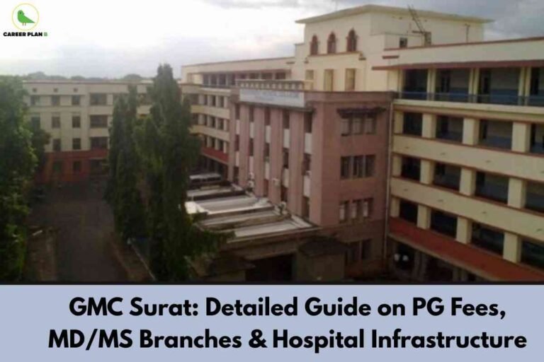 A comprehensive campus and program guide image for GMC Surat PG fees and branches, featuring the large multi-storey blocks of Government Medical College, Surat, surrounded by tall trees, under a cloudy sky, and a blue banner reading “GMC Surat: Detailed Guide on PG Fees, MD/MS Branches & Hospital Infrastructure,” visually emphasizing essential information on postgraduate fee structure, available MD/MS specialties, and clinical facilities for prospective students.