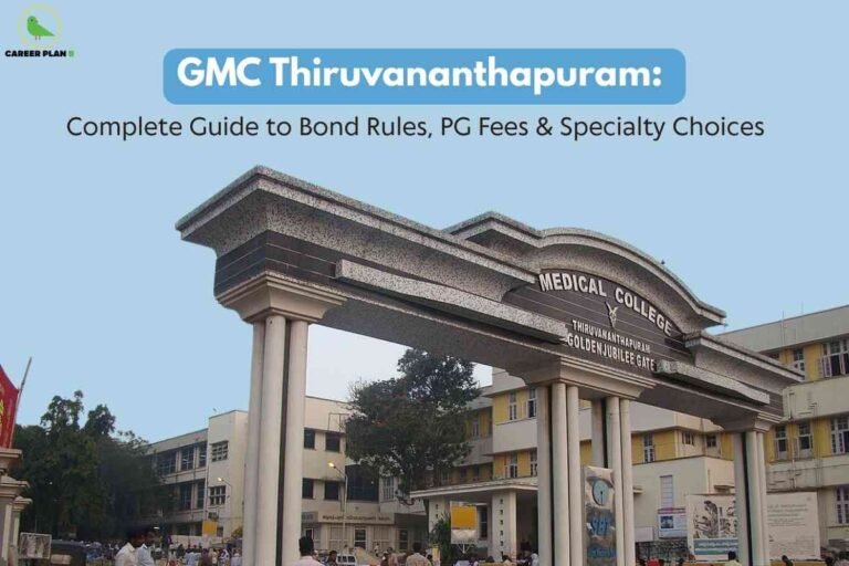 A clear campus information image for GMC Thiruvananthapuram PG fees and bond, featuring the grand stone entrance gate labeled “Medical College Thiruvananthapuram Golden Jubilee Gate” with college buildings and people in the background, and a blue information banner reading “GMC Thiruvananthapuram: Complete Guide to Bond Rules, PG Fees & Specialty Choices,” visually emphasizing essential information on postgraduate fee structure, state bond rules, and specialty selection for medical aspirants.