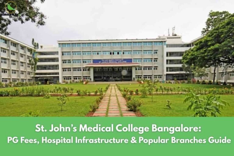 A clear campus information image for St. John’s Medical College Bangalore PG fees, featuring the main white academic building and well-manicured green lawns, with a green information banner stating “St. John’s Medical College Bangalore: PG Fees, Hospital Infrastructure & Popular Branches Guide,” visually emphasizing key details about postgraduate fee structure, hospital and clinical facilities, and popular medical branches at the college.