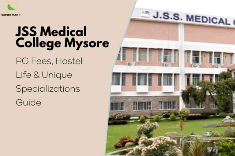 A clear and informative campus image for JSS Medical College Mysore PG fees, featuring the main building with peach and white exterior, manicured lawns, and bold headline text reading “JSS Medical College Mysore: PG Fees, Hostel Life & Unique Specializations Guide,” visually emphasizing essential details about postgraduate fee structure, hostel facilities, and specialized academic options at the institution.