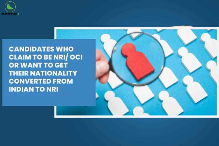 This image is a rectangular graphic divided diagonally. The left half features a muted brown background with a small green bird logo in the top left corner, labeled "CAREER PLAN" in black text. Dominating the left side is bold, white, uppercase text stating "MOP-UP ADMISSION ROUND [BASED ON CLASS XII MARKS (NOT CUET)]". Below this text, there is a simple white icon depicting a form or document with the outline of a person and a large pencil crossing it, symbolizing application or admission. The right half of the image is blurred and grayscale, with a close-up of the word "admission" visible but indistinct, providing a thematic background related to admissions. The overall design communicates information about a special round of college admissions based on Class 12 marks instead of the CUET exam, emphasizing the alternative selection criteria visually and textually.