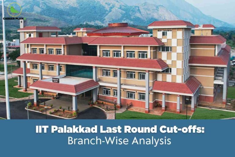A branch-wise cutoff analysis image for IIT Palakkad 2025, featuring the modern academic building with red-tiled roofs set against a scenic mountainous backdrop, and a blue banner at the bottom stating “IIT Palakkad Last Round Cut-offs: Branch-Wise Analysis,” visually emphasizing comprehensive last round cutoff details for different engineering branches for the 2025 admission cycle.