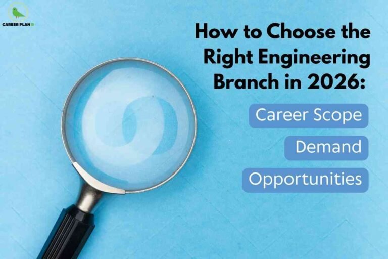 A large magnifying glass rests diagonally on a textured light blue surface, symbolizing focused search and decision-making. To the right, bold black headline text reads "How to Choose the Right Engineering Branch in 2026," followed by three soft blue buttons displaying "Career Scope," "Demand," and "Opportunities," emphasizing the key criteria for selecting an engineering discipline. The Career Plan B logo is present in the top left corner, connecting the image to educational guidance content.