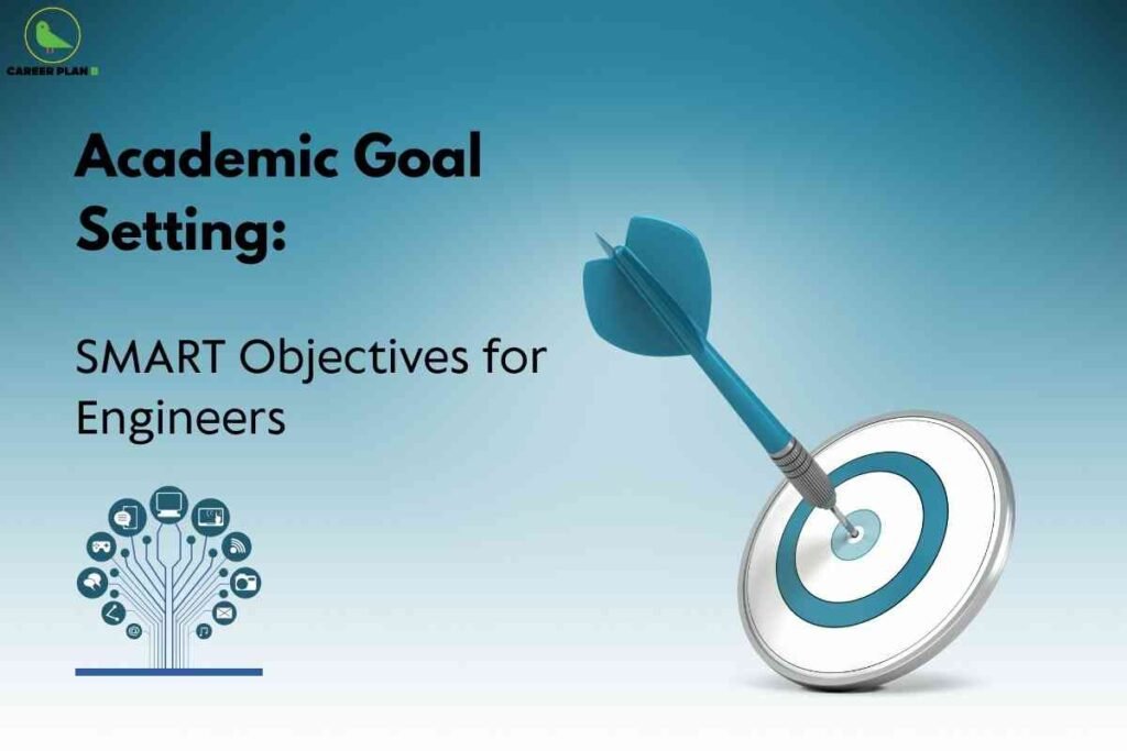 A blue dart precisely hits the bullseye of a circular target set against a gradient blue background, visually symbolizing accuracy and goal achievement. To the left, bold black headline text reads "Academic Goal Setting: SMART Objectives for Engineers," highlighting the theme of strategic planning for student success. Below the text, a tree-shaped infographic displays icons for various academic and technology fields, reinforcing multidisciplinary goals and objectives for engineering students. The Career Plan B logo is positioned at the top left, indicating the educational intent of the image.