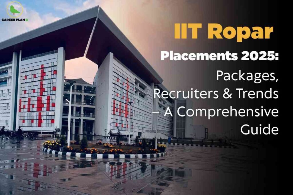 The image shows the modern main entrance of IIT Ropar, featuring striking contemporary architecture with two large white buildings adorned with red and white patterns, separated by a spacious covered walkway. The scene includes a polished courtyard with flower beds, geometric sidewalks, and reflective wet pavement, set against a soft evening sky. Overlay text in bold yellow and white reads: "IIT Ropar Placements 2025: Packages, Recruiters & Trends – A Comprehensive Guide," ideal for web pages targeting placement statistics, salary packages, hiring companies, and job trends for IIT Ropar in 2025. The top left displays the "CAREER PLAN B" logo, denoting expert career resources.