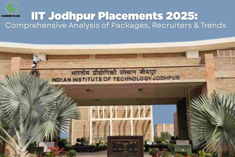 The image shows the modern main entrance of IIT Ropar, featuring striking contemporary architecture with two large white buildings adorned with red and white patterns, separated by a spacious covered walkway. The scene includes a polished courtyard with flower beds, geometric sidewalks, and reflective wet pavement, set against a soft evening sky. Overlay text in bold yellow and white reads: "IIT Ropar Placements 2025: Packages, Recruiters & Trends – A Comprehensive Guide," ideal for web pages targeting placement statistics, salary packages, hiring companies, and job trends for IIT Ropar in 2025. The top left displays the "CAREER PLAN B" logo, denoting expert career resources.