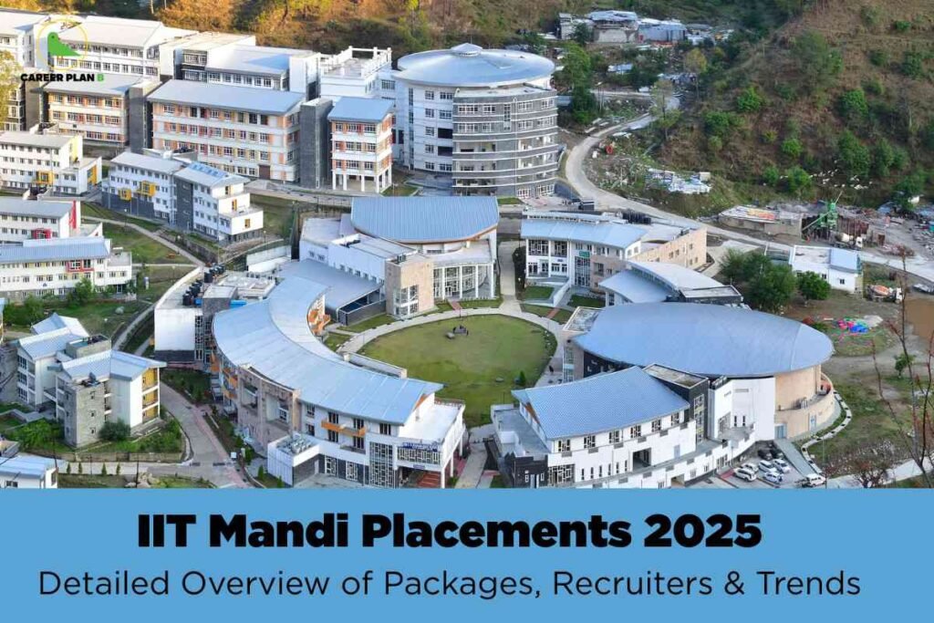 A panoramic aerial view of the IIT Mandi campus nestled in the scenic Himalayan foothills, featuring a series of modern buildings with curved, silver rooftops arranged around a lush central green courtyard. The background highlights tree-covered slopes and hilly terrain, emphasizing the institute’s natural environment and advanced infrastructure. Overlay text in bold reads: "IIT Mandi Placements 2025 Detailed Overview of Packages, Recruiters & Trends," ideal for targeting web searches related to campus placement results, salary packages, top recruiters, and trends for IIT Mandi in 2025. The upper left displays the "CAREER PLAN B" logo, representing authoritative academic and career guidance.