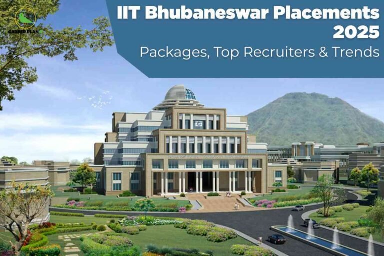The image features the main administrative building of IIT Bhubaneswar—an impressive, tiered structure with symmetrical, modern architecture and a central glass dome, set within beautifully landscaped gardens with lush lawns, flowerbeds, fountains, and paved driveways. In the background is a prominent green hill under a clear blue sky, accentuating the picturesque campus environment. Overlay text in bold white and blue reads: "IIT Bhubaneswar Placements 2025 Packages, Top Recruiters & Trends," making it ideal for SEO targeting placement results, salary packages, industry recruiters, and career trends for IIT Bhubaneswar in 2025. The top left includes the "CAREER PLAN B" logo, signifying authoritative college and placement guidance.