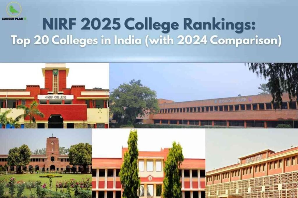 The image presents the NIRF 2025 College Rankings, featuring the top 20 colleges in India along with a comparison to 2024. At the top left corner is the "Career Plan" logo with a green bird icon. The headline text, in bold blue-grey and white, states: "NIRF 2025 College Rankings: Top 20 Colleges in India (with 2024 Comparison)" against a soft blue gradient background. Below the headline is a collage of five photographs showing the campus buildings of prominent Indian colleges, including Hindu College, Miranda House, and other notable institutions. The architectural styles vary, with well-maintained gardens and red or beige façades, reflecting the diversity of top colleges. The overall design is clean and informative, emphasizing educational excellence and updated rankings.