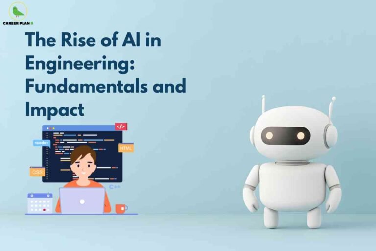 The image features a light blue background and is divided into two main sections. On the left, there is an illustrated person sitting at a desk working on a laptop. Behind the person, a large monitor displays colorful code snippets labeled as "code," "HTML," "CSS," and "C++." There is also a calendar and a coffee cup on the desk, representing tools commonly used by programmers and engineers. On the right is a friendly cartoon robot with glowing eyes and antennas, embodying artificial intelligence. In the upper left corner, a small green bird logo reads “CAREER PLAN B.” The bold dark blue text in the upper part of the image reads: “The Rise of AI in Engineering: Fundamentals and Impact.” The composition emphasizes the role and growth of AI in the engineering field, suggesting how digital and human elements interact.
