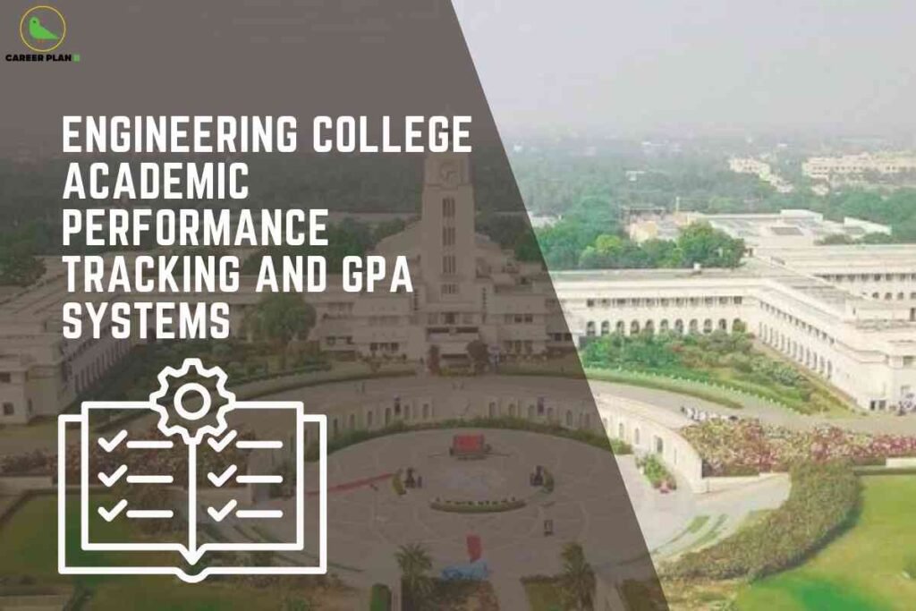 The image features the aerial view of a large, prominent white academic building with circular driveways and green lawns, symbolizing a college or engineering institute campus. On the left side, a dark semi-transparent overlay covers part of the campus, over which large white text reads: “ENGINEERING COLLEGE ACADEMIC PERFORMANCE TRACKING AND GPA SYSTEMS.” Below the text, there is a white icon of an open book with checkmarks and a gear, visually representing performance tracking and system management. In the top left, the “CAREER PLAN B” logo with a green bird is visible. The overall design emphasizes the importance of monitoring academic performance and GPA within engineering colleges.