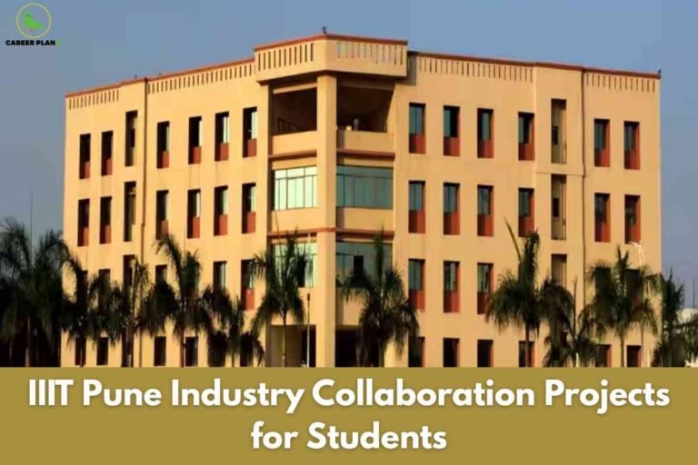 The image shows a multi-storey, beige-colored academic building with large windows and architectural accents, surrounded by rows of tall palm trees in the foreground. The sky above is clear with a blue tint. In the top left corner is the "CAREER PLAN B" logo featuring a green bird. Along the bottom of the image is a wide gold-colored banner with bold white text that reads: “IIIT Pune Industry Collaboration Projects for Students.” The composition highlights industry-academia partnerships and opportunities for student projects at IIIT Pune.