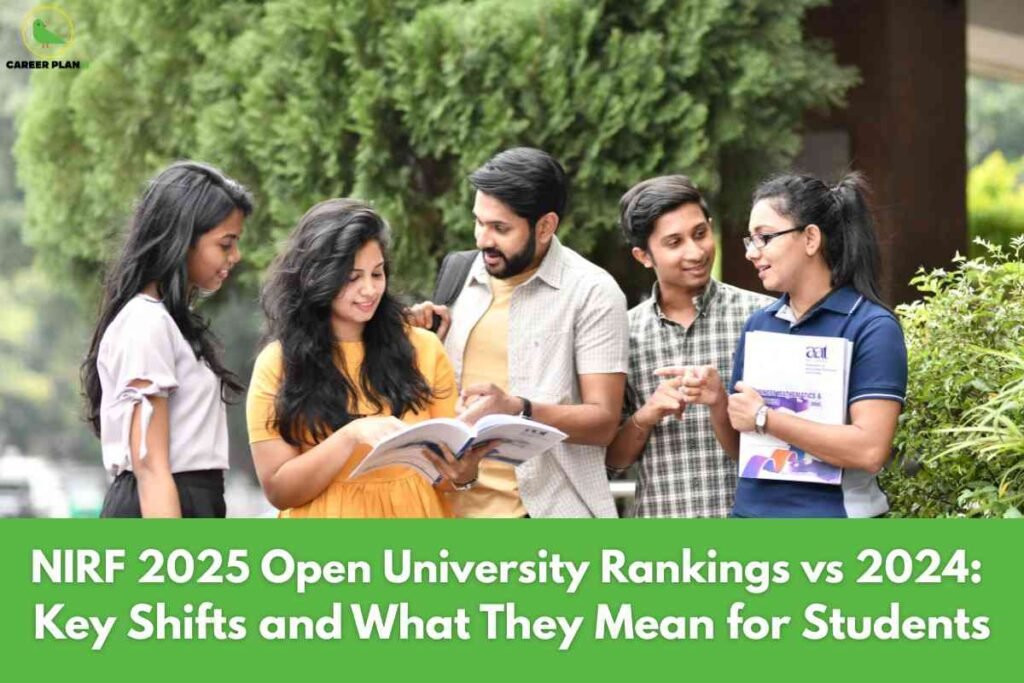 A group of five students stands outdoors surrounded by lush greenery, engaged in collaborative study and conversation. One student in a yellow dress is holding an open book while another in a navy blue shirt carries folders labeled "ADIT," suggesting active academic engagement. The bottom green banner contains large text reading "NIRF 2025 Open University Rankings vs 2024: Key Shifts and What They Mean for Students," indicating the image relates to open university performance trends and their impact on learners. The Career Plan B logo is visible at the top left, linking the image to an educational context.