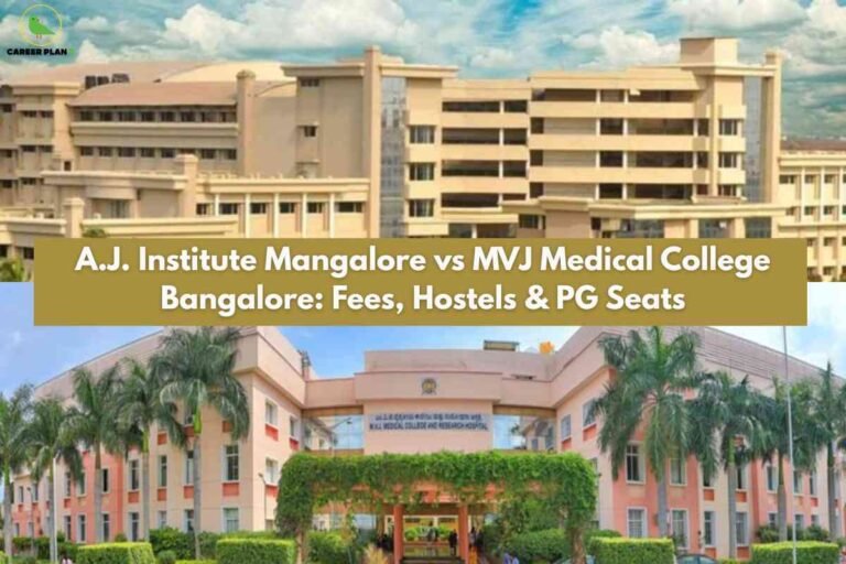 The image is split horizontally into two sections, each displaying the main building of a different medical college. The upper half shows a large multi-storey cream-colored building with numerous windows under a partly cloudy, blue sky. The lower half features a front view of another sizeable campus building, surrounded by palm trees, trimmed bushes, and people walking near the entrance. In the top left corner is a green bird logo labeled "CAREER PLAN B." Across the center, a wide mustard-gold banner features bold white text reading: “A.J. Institute Mangalore vs MVJ Medical College Bangalore: Fees, Hostels & PG Seats.” The composition highlights a comparative review of these two institutions, focusing on costs, accommodation, and post-graduate opportunities.