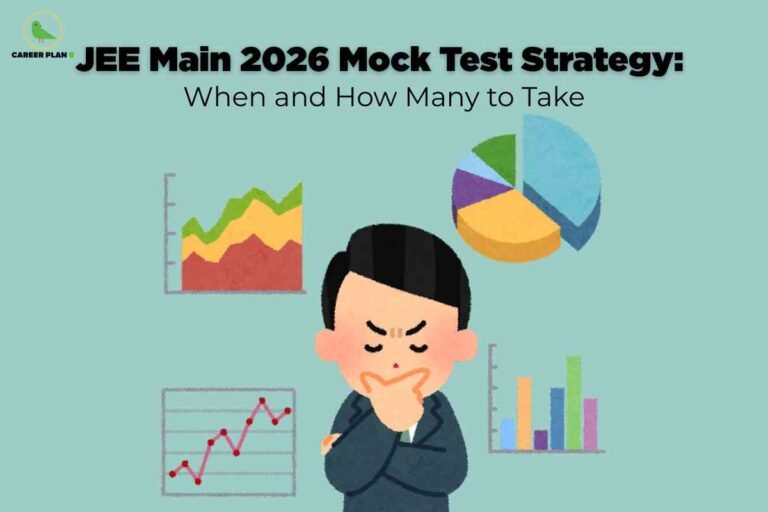 This image provides guidance on mock test strategies for JEE Main 2026. The background is light teal, and at the top is the bold black text “JEE Main 2026 Mock Test Strategy:” followed by the subtitle “When and How Many to Take.” The “Career Plan B” logo featuring a green bird is present in the top left corner. In the center, an illustrated person in a dark suit is depicted with a thoughtful expression, hand on chin, showing deep concentration. Surrounding the person are various statistical charts: a multicolored area chart, a pie chart with several distinct segments, a line graph marked with red points, and a colorful bar chart. The overall theme emphasizes analysis, planning, and strategic thinking for taking mock tests ahead of the JEE Main exam.