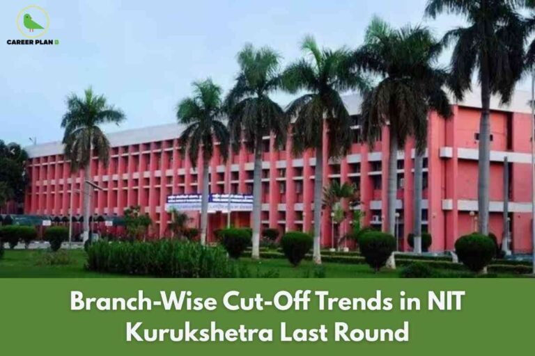A branch-wise cutoff trends image for NIT Kurukshetra, featuring the prominent red academic building lined with tall palm trees and green lawns, and a bold green banner at the bottom reading “Branch-Wise Cut-Off Trends in NIT Kurukshetra Last Round,” visually emphasizing the analysis of last round cutoff data across engineering branches at the institute.
