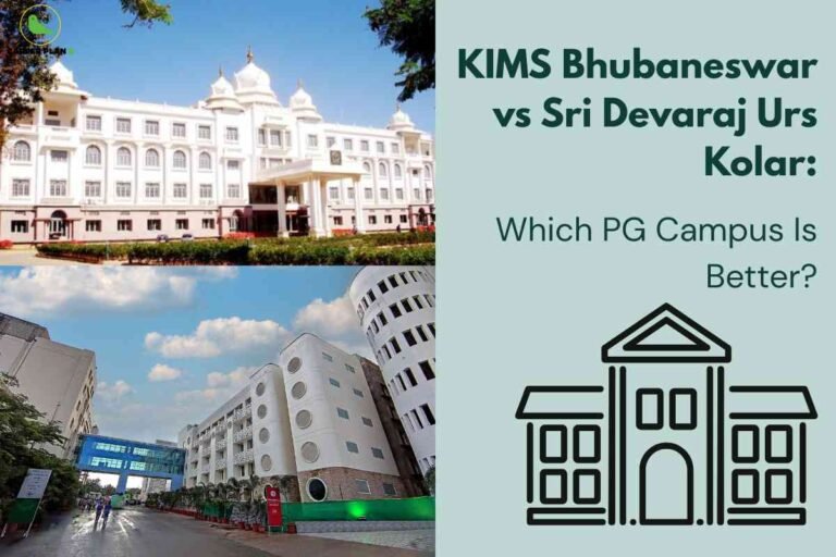 The image compares two medical colleges: the upper left displays the traditional white multi-storey campus building of KIMS Bhubaneswar; the lower left features the modern, rounded facade of Sri Devaraj Urs Medical College in Kolar. The right side, with a light teal background, reads: "KIMS Bhubaneswar vs Sri Devaraj Urs Kolar: Which PG Campus Is Better?" with an outlined icon of a large academic building below. The Career Plan B logo is in the top left corner.